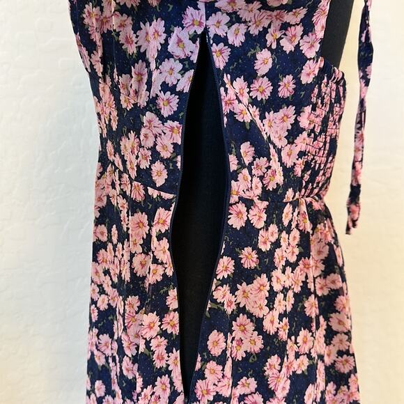 Lush Ditsy Floral Print Tie Front Puff Long Sleeve Minidress Blue Pink NEW Sz M - Picture 12 of 15